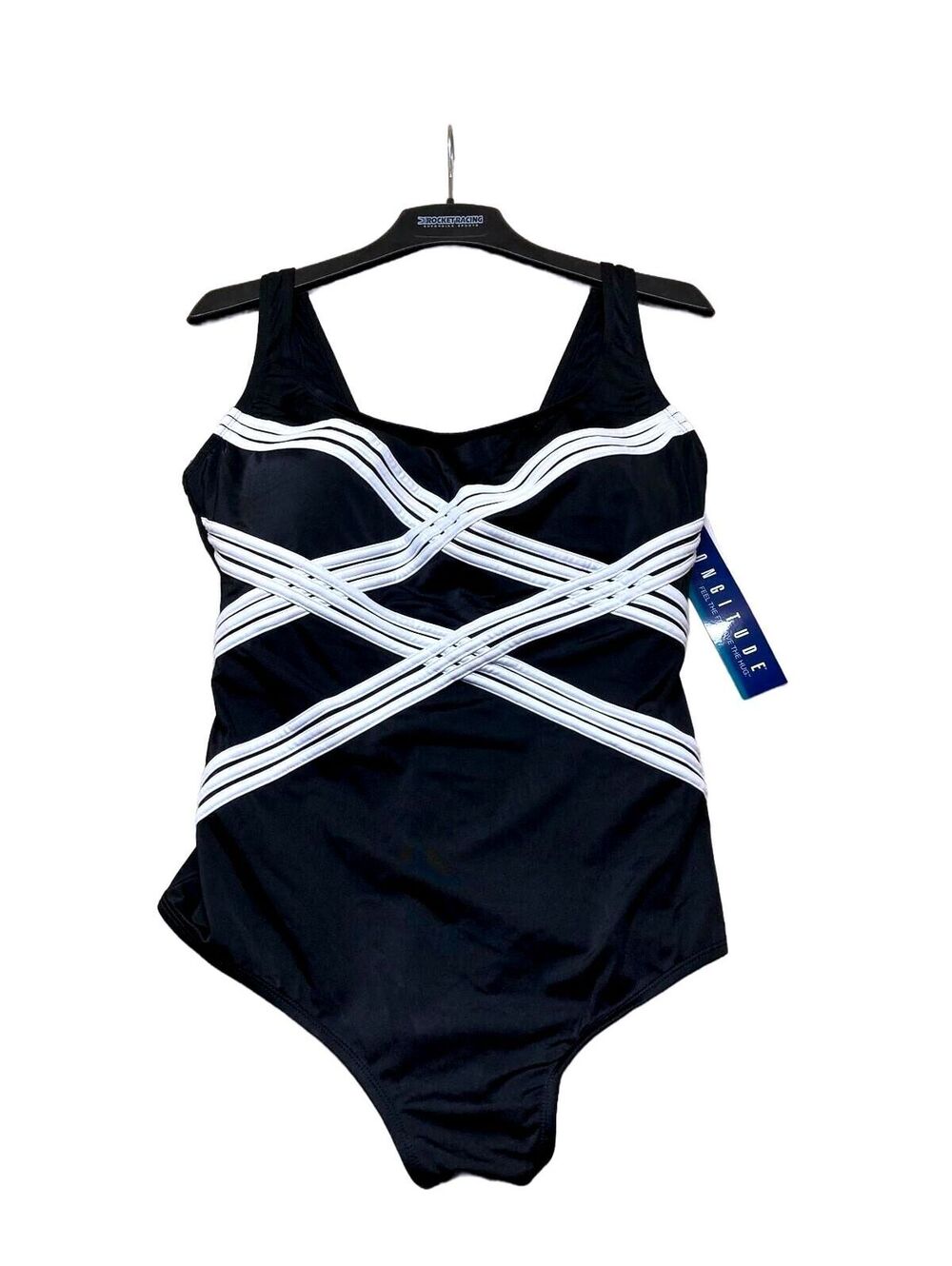 Longitude Women's Black One-Piece Swimsuit with White Crisscross Detail Size 22W